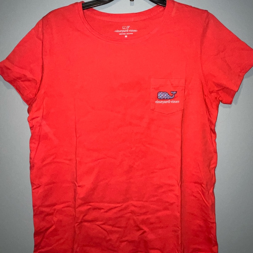 red vineyard vines shirt with blue whale on back and front pocket!